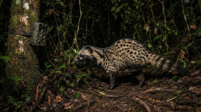 Wild civet cat captured on trail camera in a lush, dark forest at night