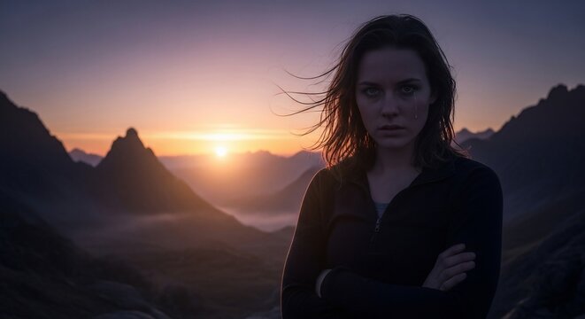 Woman mountain sunset silhouette