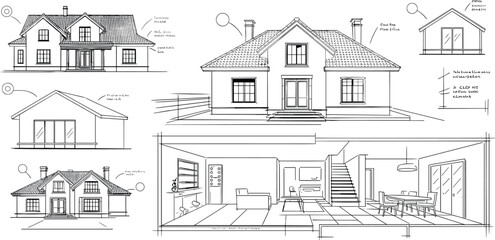 Obraz premium Architectural House Blueprint Sketch Set with Modern Building Elevations Floor Plan and Interior Section Cut Vector Illustration