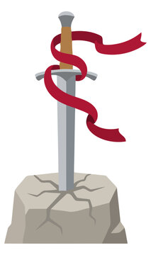 Legendary sword in the stone with a flowing red ribbon, symbolizing arthurian myth, power, and destiny, vector illustration