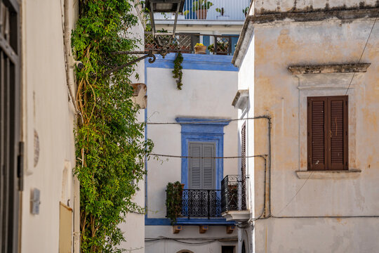 Picturesque alleyways in the historic center of Gallipoli, with warm summer light illuminating traditional buildings in the old town, Salento, Puglia, Italy.