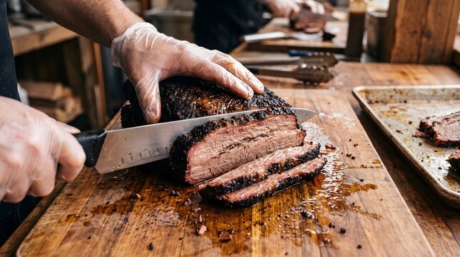 Chef slicing smoked beef brisket on a wooden cutting board in a professional kitchen