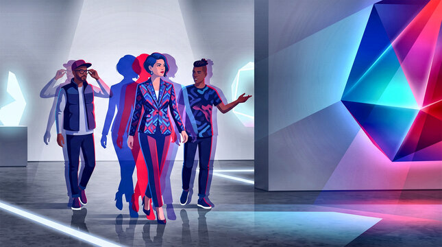 Futuristic digital art gallery with diverse people, neon virtual reality exhibition, immersive metaverse experience with geometric shapes