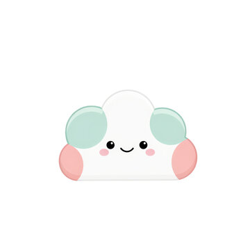 Cute cartoon cloud character with pastel mint and pink accents, smiling face with rosy cheeks isolated on a transparent background