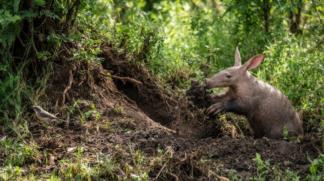 Aardvark digging a burrow in the soil with its powerful claws