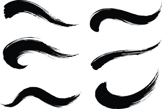 Diverse collection of black grunge brushes paint strokes and artistic elements for creative digital designs and textures