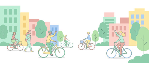 Fototapeta premium Pastel City Scene with People Commuting on Bicycles and Walking in a Friendly Urban Environment Illustration