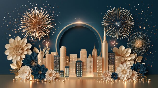 Elegant 3D papercut city skyline with gold fireworks, floral decorations, and a circular frame for text on a dark navy blue background.