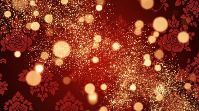 Red floral background with golden bokeh and glowing sparkles