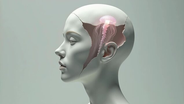 Futuristic Human Model with Neural Interface Displaying Glowing Visuals