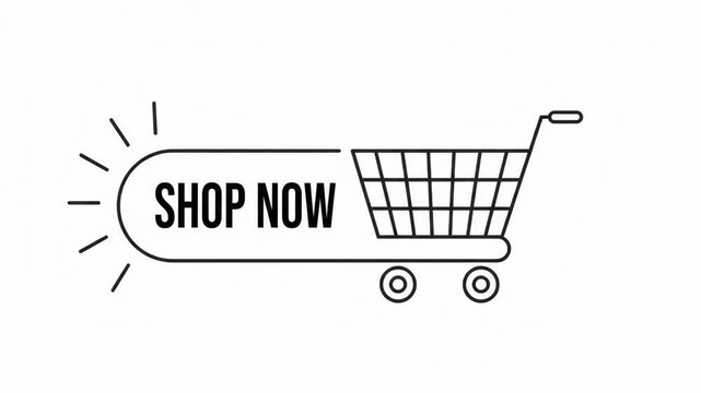 Minimalist animation of a Shop Now button transforming into a shopping cart on a clean white background. 