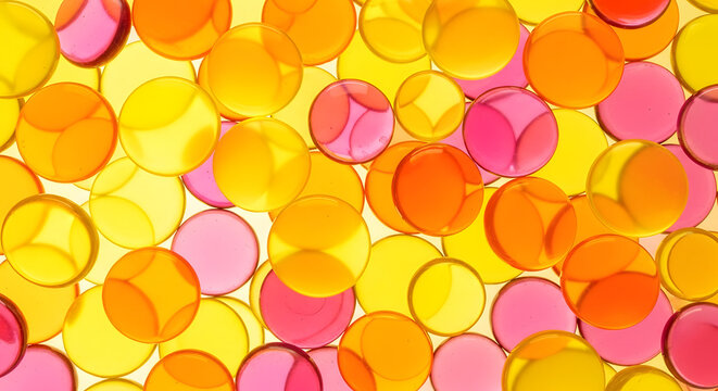 Colorful translucent gel beads in yellow orange and pink hues