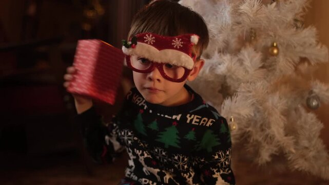 Child shaking Christmas gift with interest in cozy house decorated for Christmas