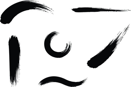 Diverse collection of black artistic brushes strokes and textures for creative digital and traditional art projects