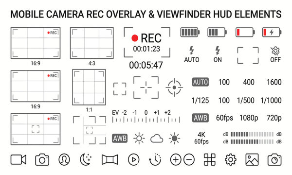 Mobile camera recording overlay and viewfinder hud interface elements for video production.