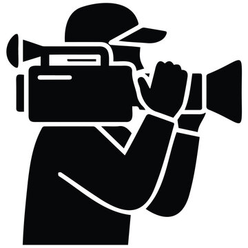 Black silhouette of a cameraman holding video camera recording event vector illustration line art.