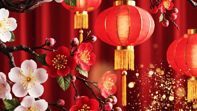 Red lanterns and blossoms for Lunar New Year celebration