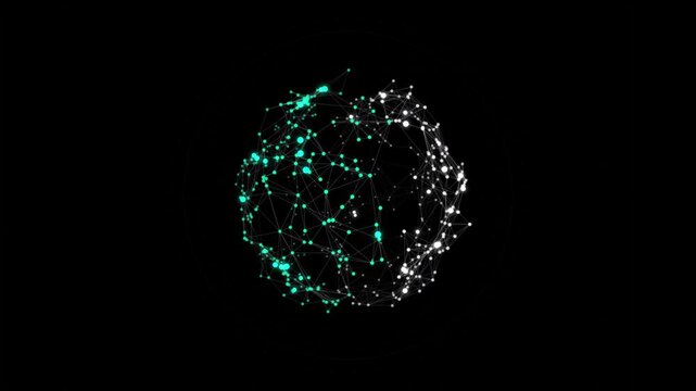 Dynamic 3D cyber globe with glowing nodes and connecting lines. Left and right brain concept, artificial intelligence and machine learning animation.