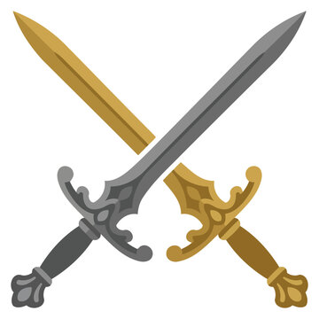 Two crossed ornate swords, one silver and one gold, representing duality, conflict, or historical weaponry, flat vector illustration