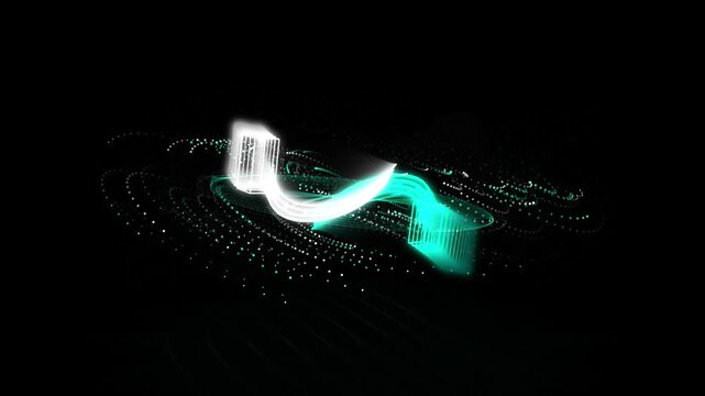 Dynamic digital frequency wave rotating with glowing particles and orbital rings. Sci-fi quantum computing and cyberspace core animation.