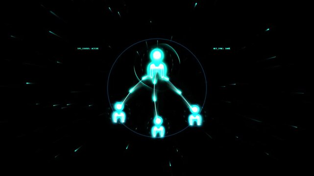 Abstract glowing cyan HUD interface with social network people hierarchy. Futuristic cyber technology and digital team connection motion graphics loop.