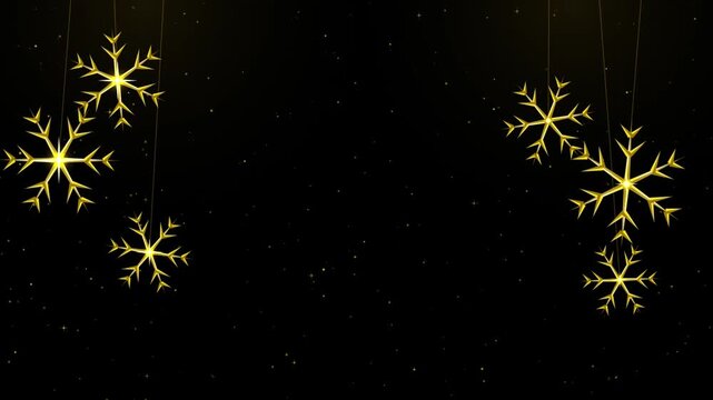 Festive 3D gold snowflake ornaments swaying on strings. Magical New Year celebration, winter greeting card background, and elegant night sky animation.