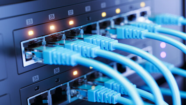 Closeup of Network server switch in server room data center - 3d rendering