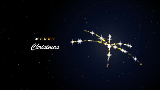 Glowing golden and white particle star rotating on a dark starry background with Merry Christmas text. Magical festive holiday greeting motion graphics loop.