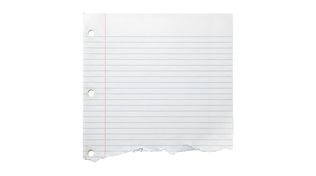 A single sheet of white lined notebook paper with three hole punches for school or office use on a flat surface