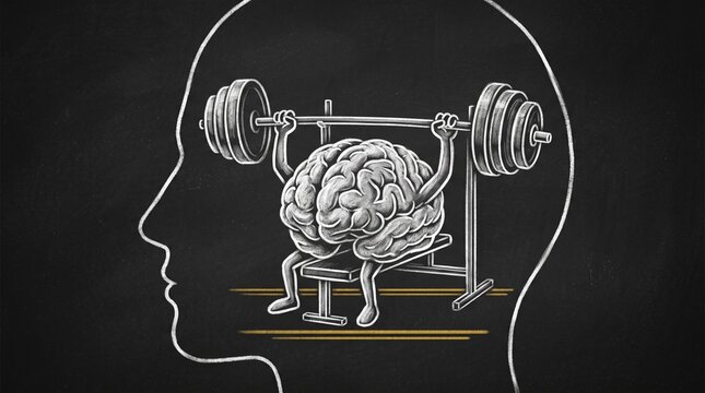 Brain workout concept illustration showing a human brain lifting weights with a barbell inside a profile silhouette on a chalkboard background