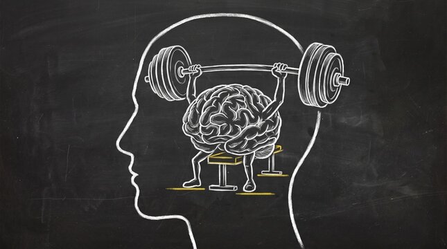 Brain workout concept with human head outline and brain lifting barbell on chalkboard background