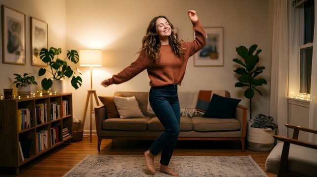 Happy young woman dancing alone in cozy living room at night at home