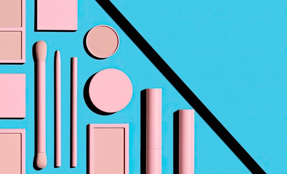 Pastel makeup collection arranged on vibrant blue background