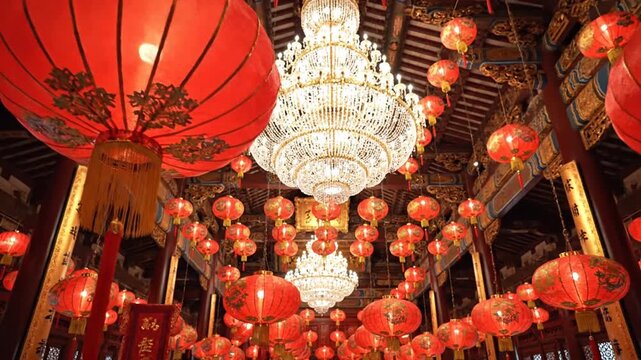 Red lanterns and crystal chandeliers in traditional Chinese temple
