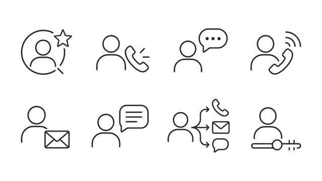 Contact Icons: A collection of clean, minimalist line icons representing various communication and contact methods, perfect for digital interfaces and user experience design.