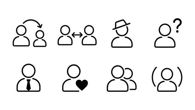 Set of User Icons: A collection of clean, line-art icons representing various user profiles and interactions, including connection, communication, status, and personal attributes.