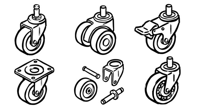 Black and white caster wheels sketch vector set