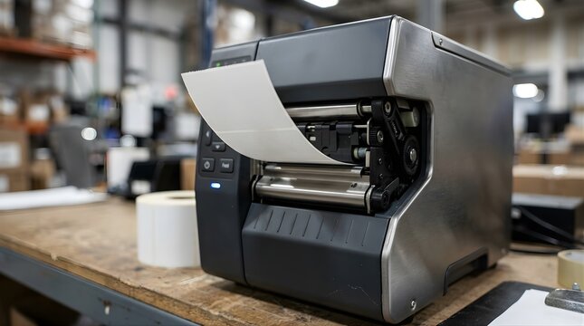 Industrial barcode label printer machine working in a warehouse office