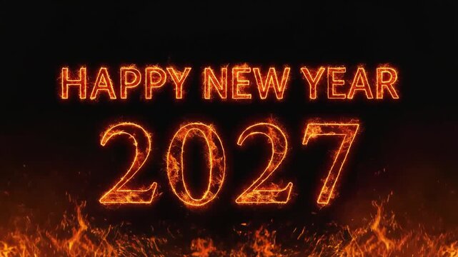 Happy New Year 2027 burning fire flame typography text and numbers with glowing sparks on dark background holiday celebration banner concept.