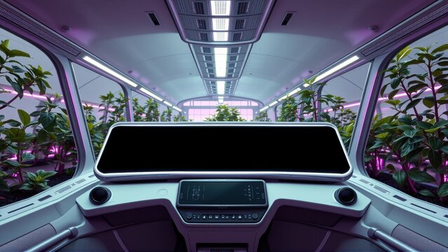 Futuristic vehicle interior. Plants visible through windows. Purple lighting creates dramatic mood. Minimalist dashboard design. Clean lines dominate space.