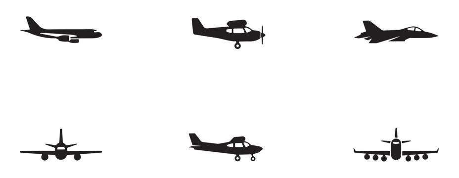 Black airplane silhouettes showing different aircraft models and views for aviation design projects.