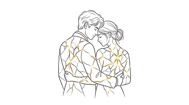 A tender couple embraces deeply as their souls become mended with gold seams representing emotional healing resilience and the transformative power of love which restores wholeness after past