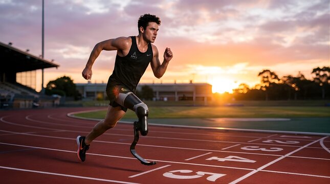 Male amputee athlete running on an athletic track during sunset