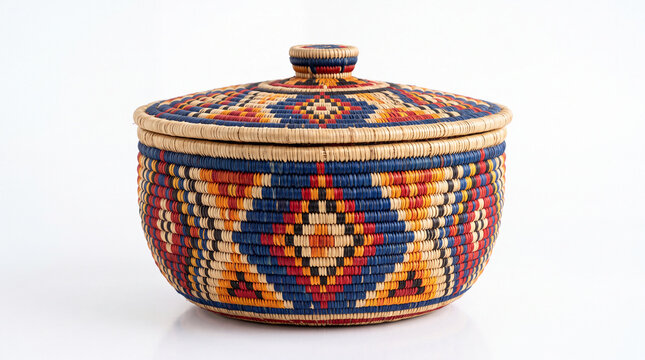 Handmade woven basket with colorful geometric patterns and lid.