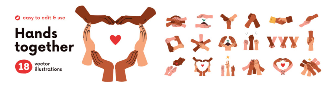Hands together of people groups, teams. Hands for teamwork, friendship, support, trust, connection and love signs. People teams and groups together in unity, community. Flat vector illustrations