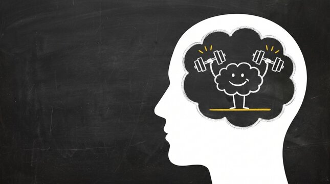 Mental Health and Brain Exercise Concept with Strong Brain Cartoon Character Lifting Dumbbells in Human Head Silhouette