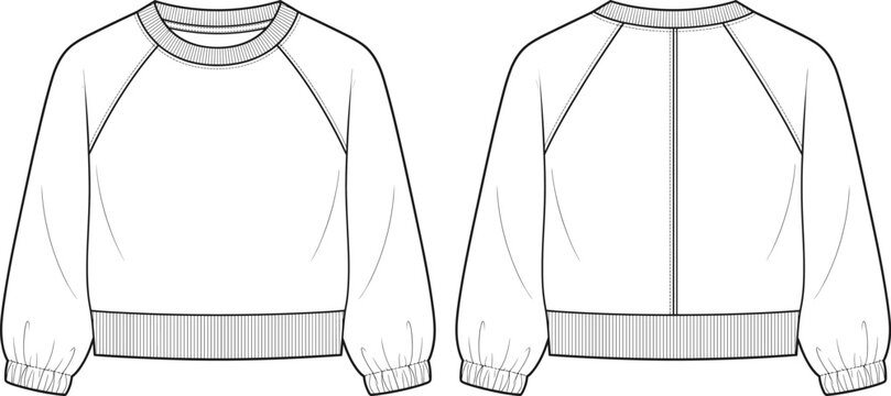 Raglan Sweatshirt Fashion Flat Sketch Front and Back View with Ribbed Hem