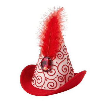 Fancy red and white coneshaped hat with swirl embroidery, a large red gem, and a tall red feather isolated on transparent background