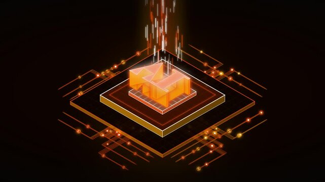 Isometric glowing orange digital processor chips with data transmission lines on a black background