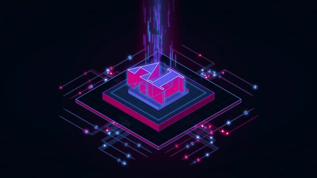 Futuristic isometric microchip processor with glowing digital data transfer circuits and neon light streams